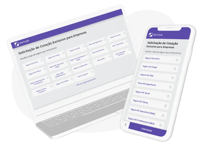 Como contratar seguro empresarial? Na imagem, representação da plataforma de cotação de seguro da Mutuus Seguros em sua versão mobile e de computador, ambas facilitando a contratação de seguro para empresas.