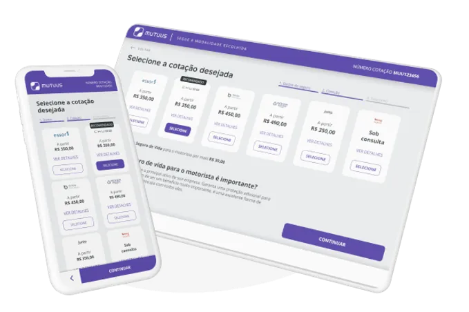 Como simular seguro empresarial? Na imagem, representação da plataforma de cotação de seguro da Mutuus Seguros em sua versão mobile e de computador, ambas facilitando a escolha do melhor seguro para empresas.