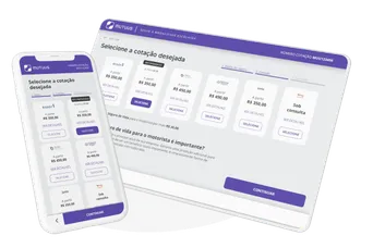 Como simular seguro empresarial? Na imagem, representação da plataforma de cotação de seguro da Mutuus Seguros em sua versão mobile e de computador, ambas facilitando a escolha do melhor seguro para empresas.