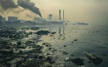 O que é seguro responsabilidade civil ambiental? Na imagem, indústria poluindo um lago.