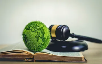 Quais as leis ambientais? Na imagem, martelo da justiça ao lado de uma globo verde que retrata o planeta terra, ambos em alusão à importância de contratar seguro RC ambiental.